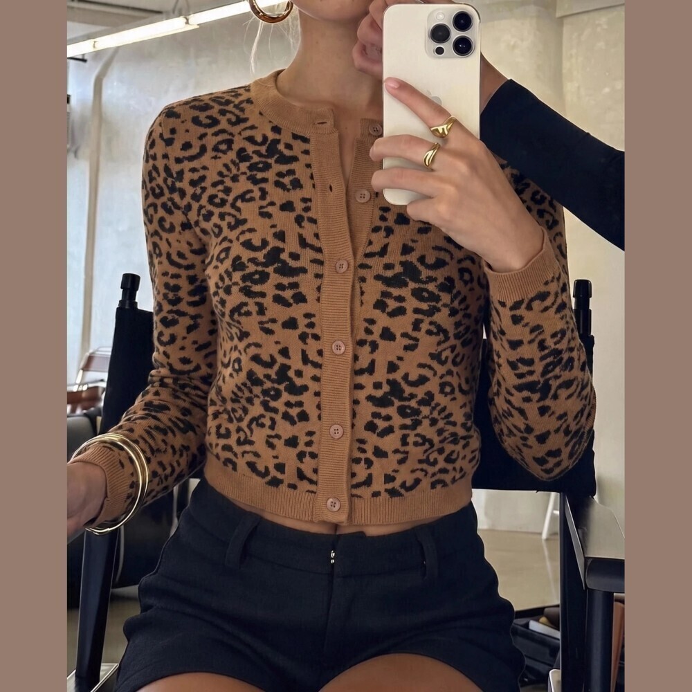 Camel Leopard Print Knit Button Front Cropped Cardigan